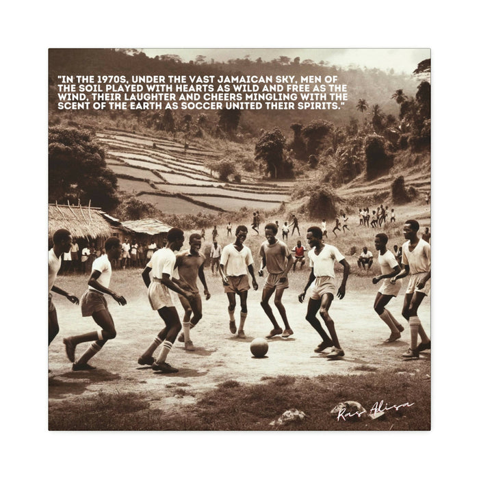 Rural Jamaican Playing Soccer in the 1970s B/W Polyester Canvas