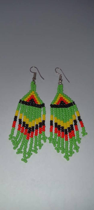 Red Green Gold Black Bead Triangle Earring