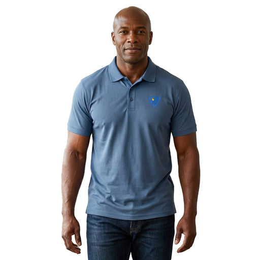 Man wearing a blue polo shirt with a logo on a white background 