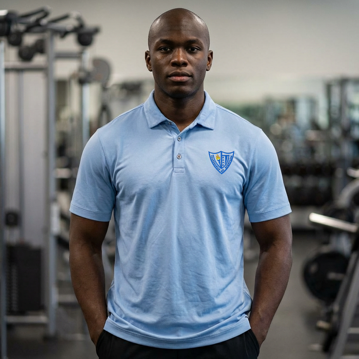 EAHS - Embroidered Shield Polo Shirt — Men's Stretch Moisture-Wicking Jersey EAHS - Embroidered Shield Polo Shirt — Men's Stretch Moisture-Wicking Jersey