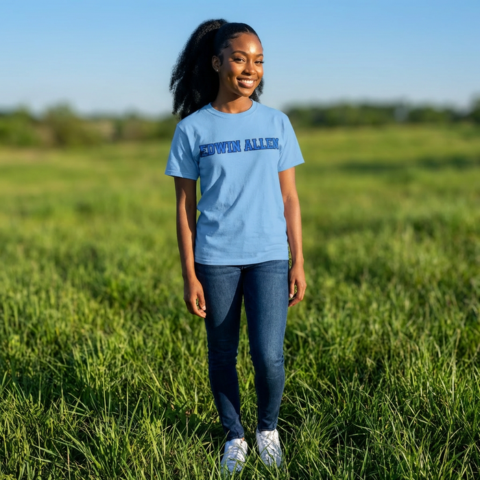 EAHS Edwin Allen High School Blue Tee - Edwin Allen Front - Crest Back -Unisex Microfiber T-Shirt EAHS Edwin Allen High School Blue Tee - Edwin Allen Front - Crest Back -Unisex Microfiber T-Shirt