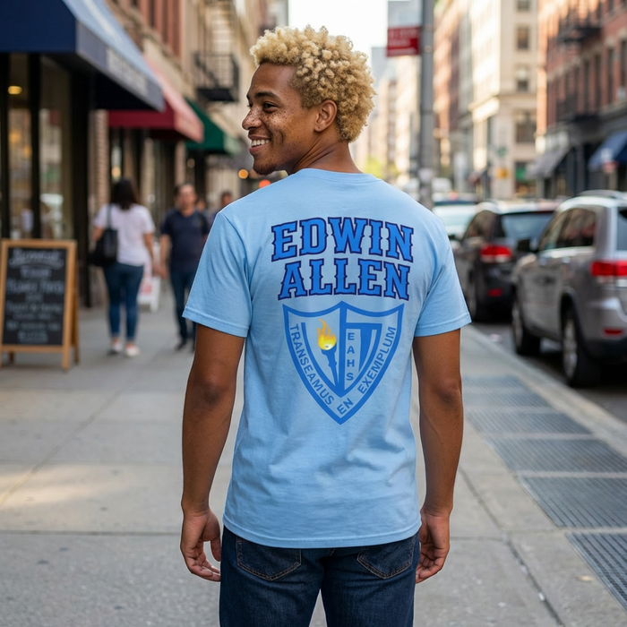 EAHS Edwin Allen High School Blue Tee - Edwin Allen Front - Crest Back -Unisex Microfiber T-Shirt EAHS Edwin Allen High School Blue Tee - Edwin Allen Front - Crest Back -Unisex Microfiber T-Shirt