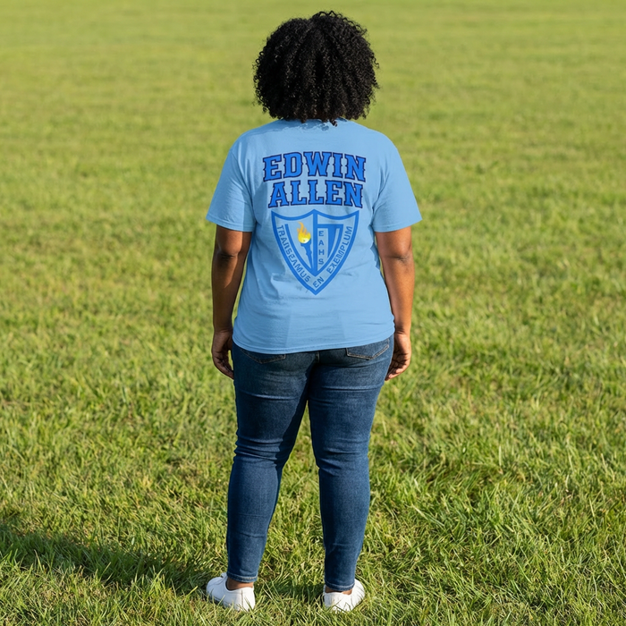 EAHS Edwin Allen High School Blue Tee - Edwin Allen Front - Crest Back -Unisex Microfiber T-Shirt EAHS Edwin Allen High School Blue Tee - Edwin Allen Front - Crest Back -Unisex Microfiber T-Shirt