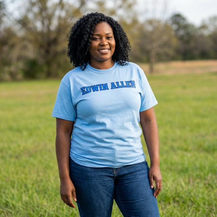 EAHS Edwin Allen High School Blue Tee - Edwin Allen Front - Crest Back -Unisex Microfiber T-Shirt EAHS Edwin Allen High School Blue Tee - Edwin Allen Front - Crest Back -Unisex Microfiber T-Shirt