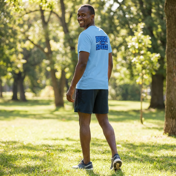 EAHS Edwin Allen Blue Tee - Crest Front - Built on Speed Back - Unisex T-Shirt EAHS Edwin Allen Blue Tee - Crest Front - Built on Speed Back - Unisex T-Shirt