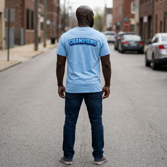 EAHS Edwin Allen High School Blue Tee - Crest Front - Champions Back - Unisex T-Shirt EAHS Edwin Allen High School Blue Tee - Crest Front - Champions Back - Unisex T-Shirt