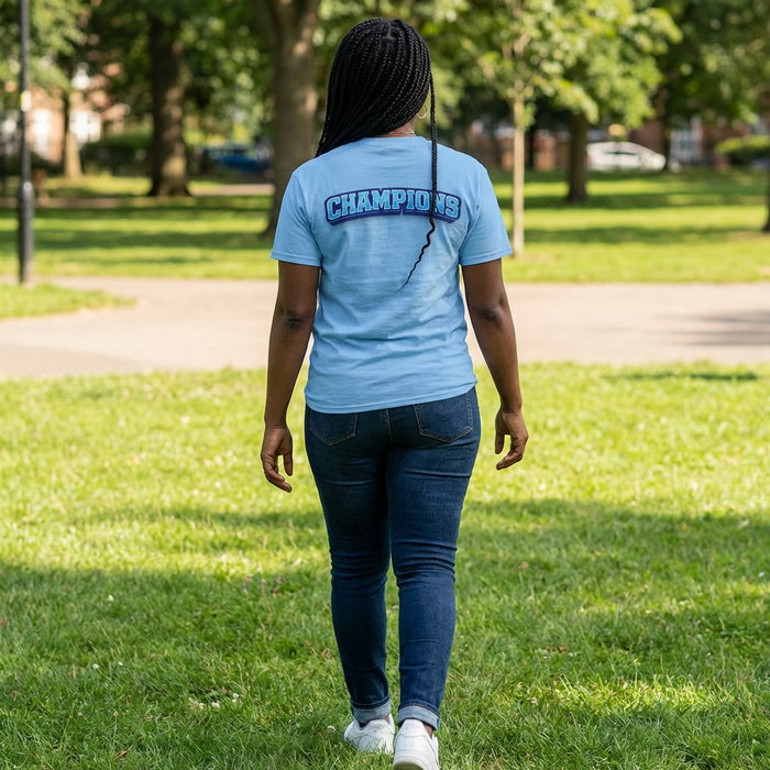 EAHS Edwin Allen High School Blue Tee - Crest Front - Champions Back - Unisex T-Shirt EAHS Edwin Allen High School Blue Tee - Crest Front - Champions Back - Unisex T-Shirt
