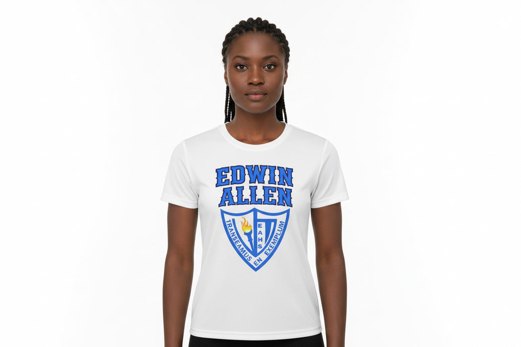 White t-shirt with 'Edwin Allen' logo on a white background EAHS Women’s Competition Performance Tee – Front Logo