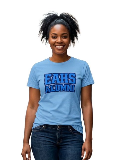 Woman wearing a light blue t-shirt with 'EAHS ALUMNI' text on a white background 