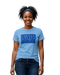 Woman wearing a light blue t-shirt with 'EAHS ALUMNI' text on a white background EAHS Alumni Tee - Edwin Allen High School Alumni Shirt - EAHS ALUMNI Front - Crest Back - Unisex T-Shirt