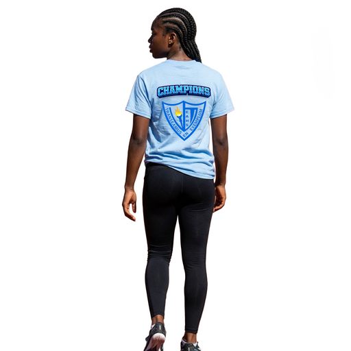 Person wearing a Edwin Allen high School light blue t-shirt with 'Champions' text and black leggings on a white background 