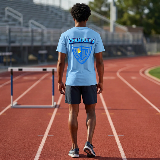 Edwin Allen High School blue t-shirt Person wearing a blue 'Champions' t-shirt on a track field 