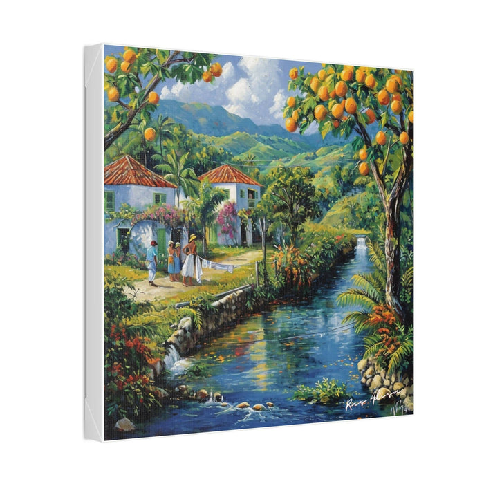 Rural Jamaica Folk Art River & Fruit Trees 1900s Polyester Canvas