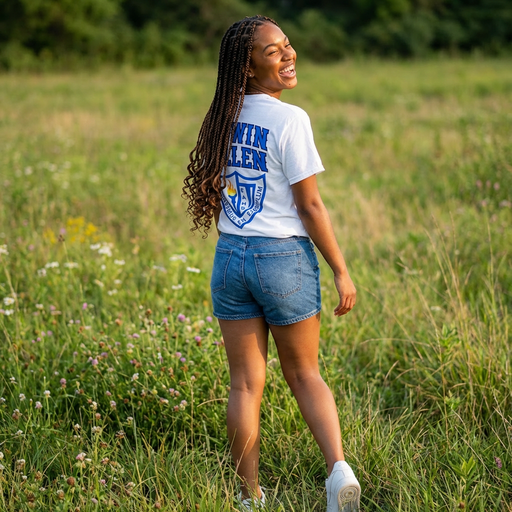 Woman in a white t-shirt and denim shorts standing in a grassy field with wildflowers. 
