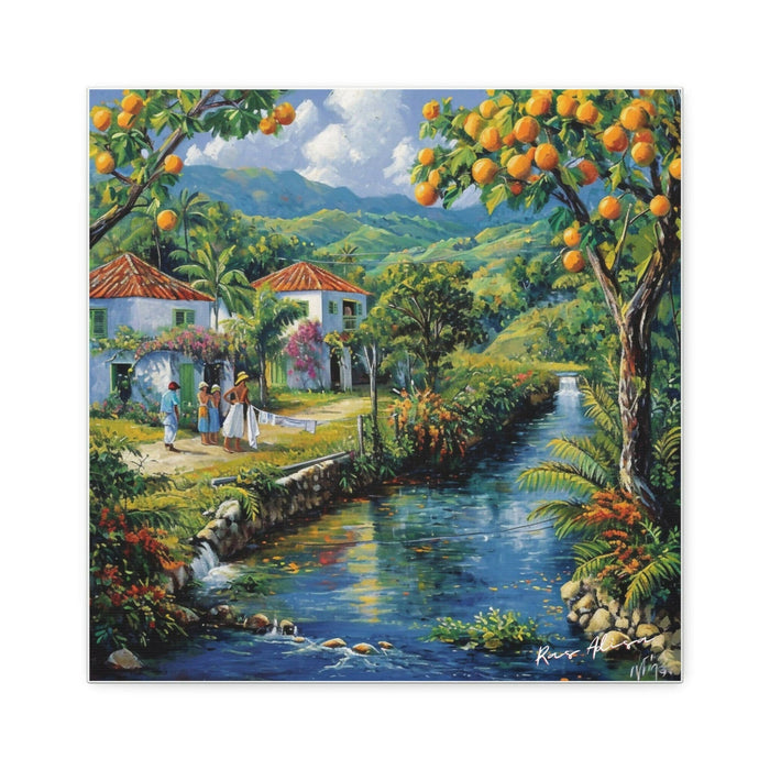 Rural Jamaica Folk Art River & Fruit Trees 1900s Polyester Canvas