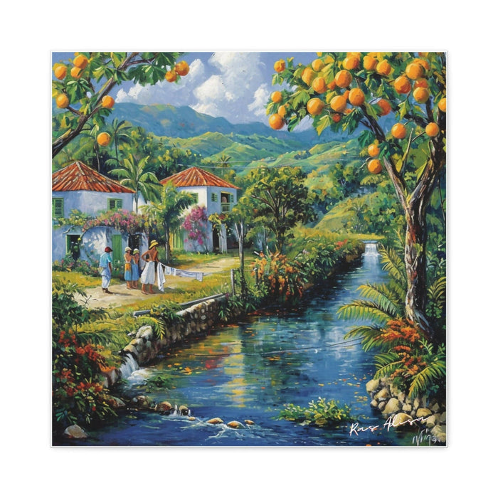 Rural Jamaica Folk Art River & Fruit Trees 1900s Polyester Canvas