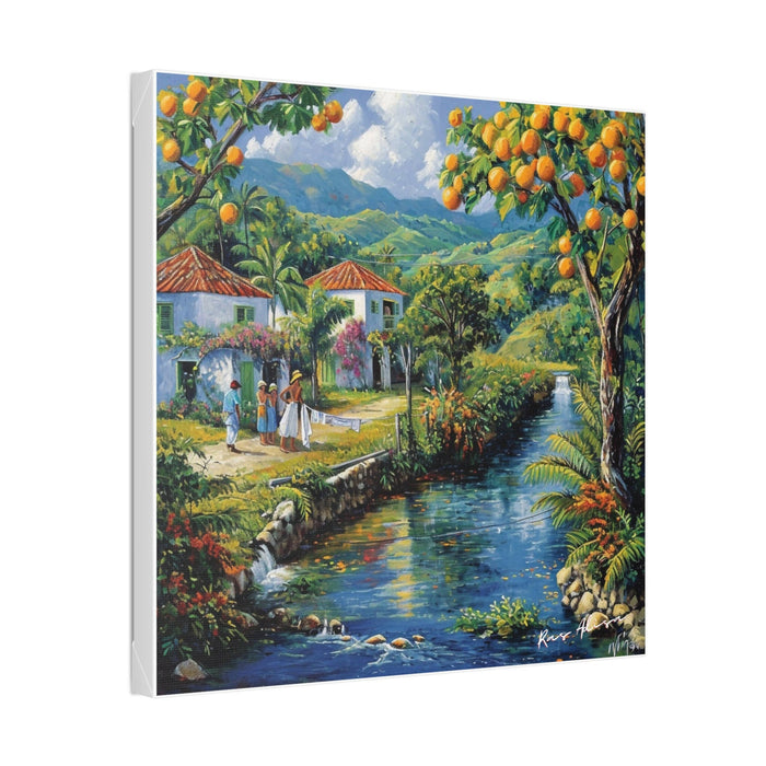 Rural Jamaica Folk Art River & Fruit Trees 1900s Polyester Canvas